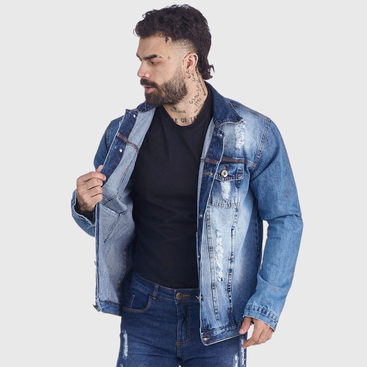 Jaqueta Jeans HNO Jeans Destroyed Premium Azul Menor preço em Jaqueta Jeans HNO Jeans Destroyed Premium Azul