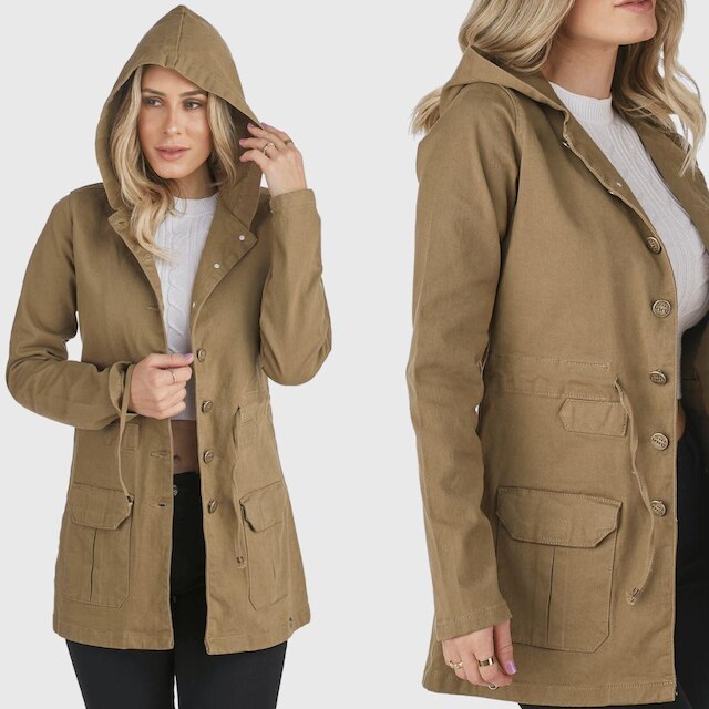 Jaqueta Jeans HNO Jeans Parka Premium Com Capuz Caqui