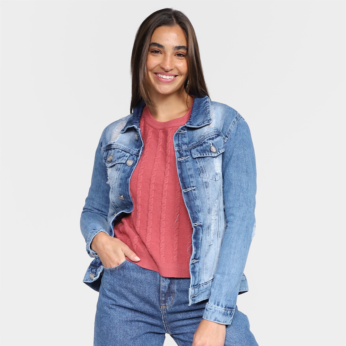 Jaqueta Jeans Just Denim Lisa Feminina - Azul Menor preço em Jaqueta Jeans Just Denim Lisa Feminina - Azul
