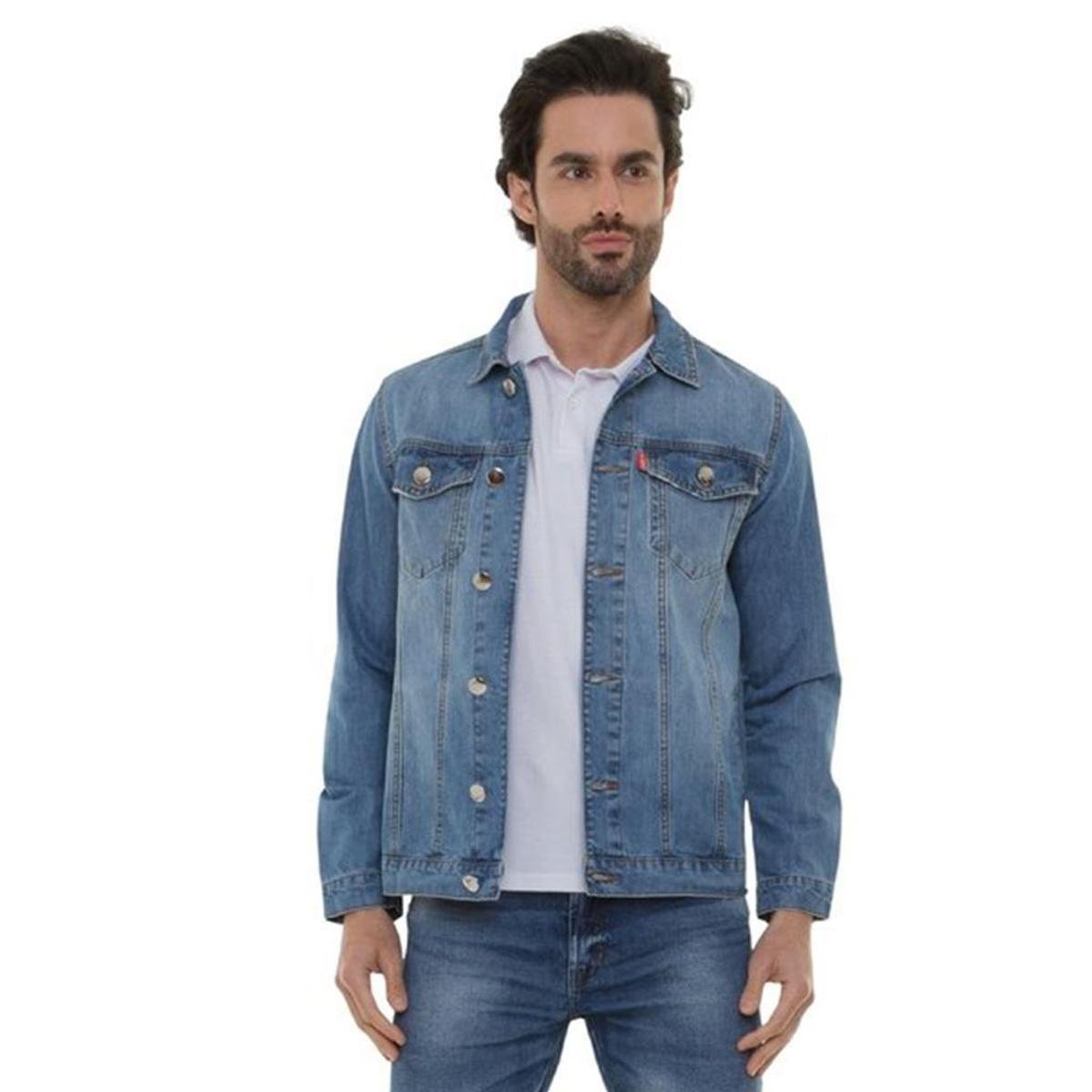 Jaqueta Jeans Masculina Básica Clássica Clara - Azul Menor preço em Jaqueta Jeans Masculina Básica Clássica Clara - Azul
