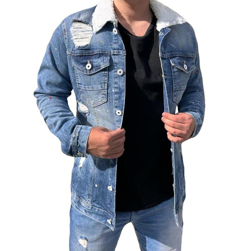 Jaqueta Jeans Masculina Destroyed Slim Pelinho Gola Splash