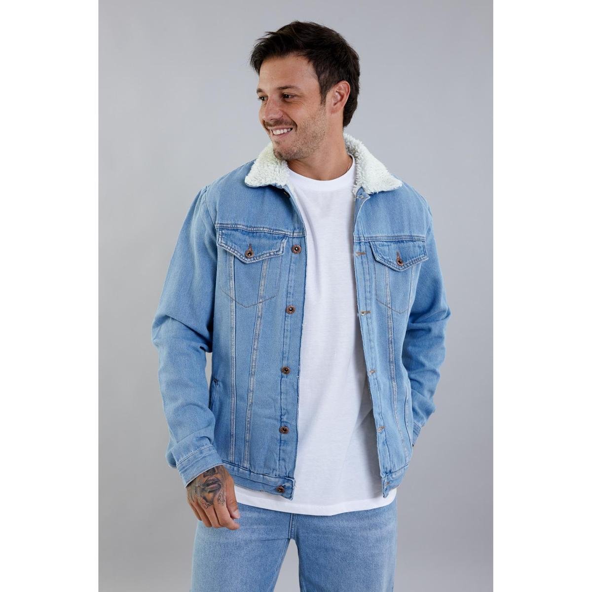 Jaqueta Jeans Forrada Lã Masculina Jaqueta Jeans Masculina Forrada Com Pelo Sintético Em Lã Azul