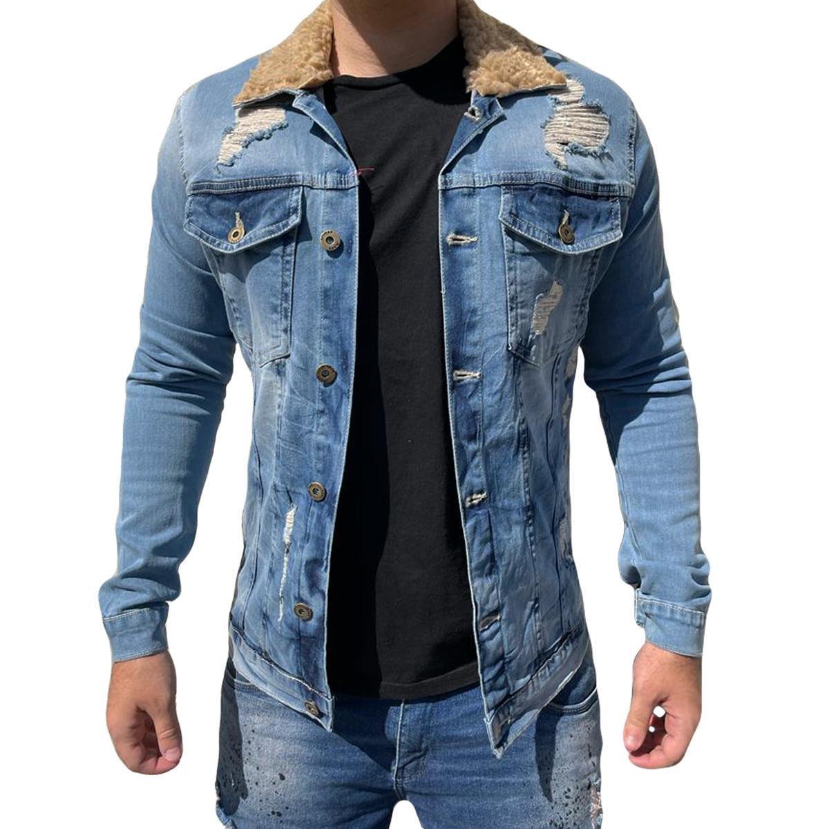 Jaqueta Jeans Masculina Slim Destroyed Pelo Na Gola Caramelo - Azul Claro Menor preço em Jaqueta Jeans Masculina Slim Destroyed Pelo Na Gola Caramelo - Azul Claro