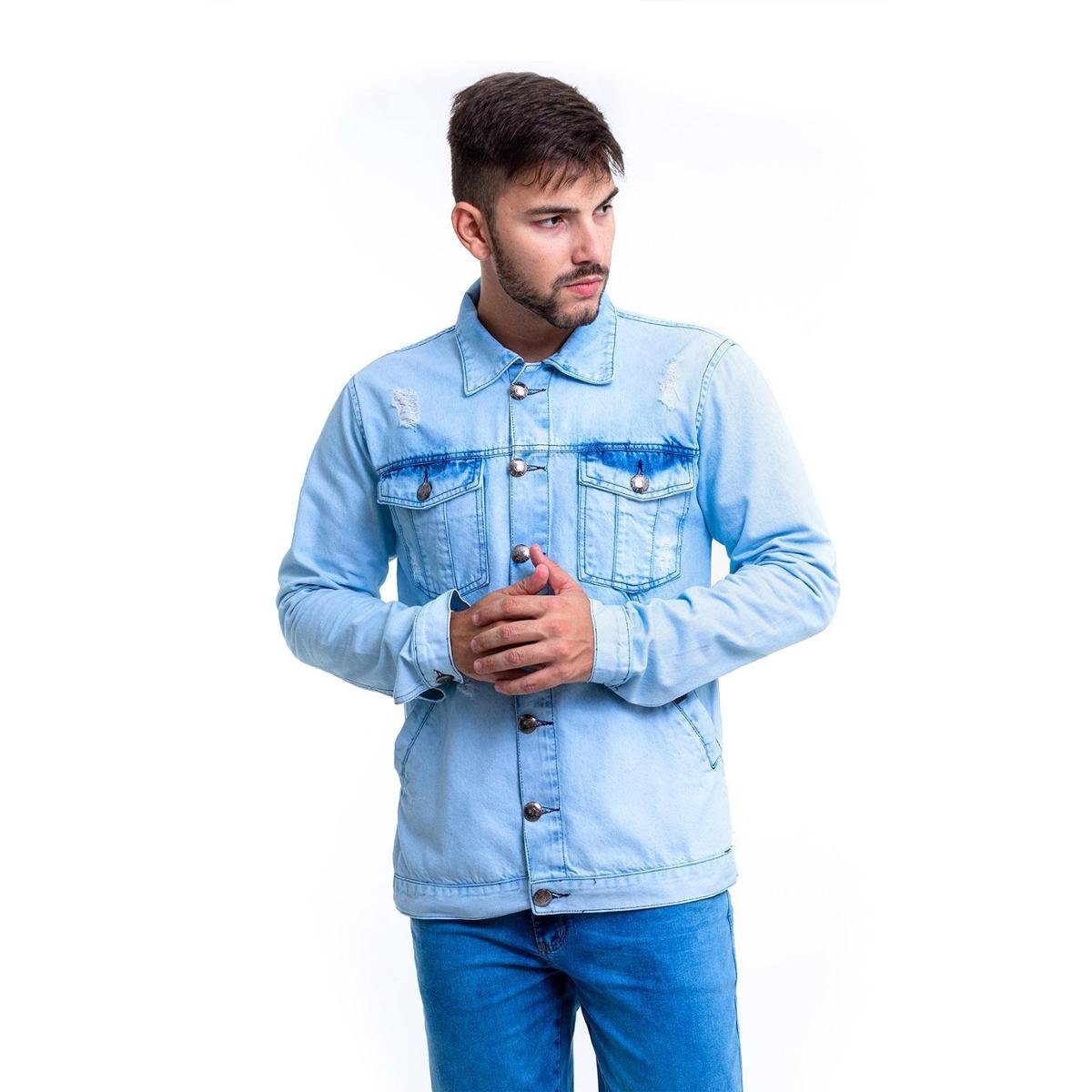 Jaqueta Jeans Masculina - Azul Claro Menor preço em Jaqueta Jeans Masculina - Azul Claro