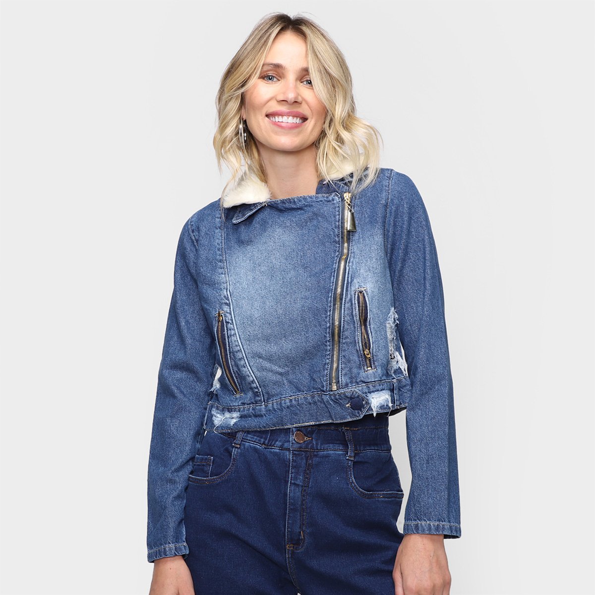 Jaqueta Jeans Naraka Com Pelo Feminina - Azul Menor preço em Jaqueta Jeans Naraka Com Pelo Feminina - Azul