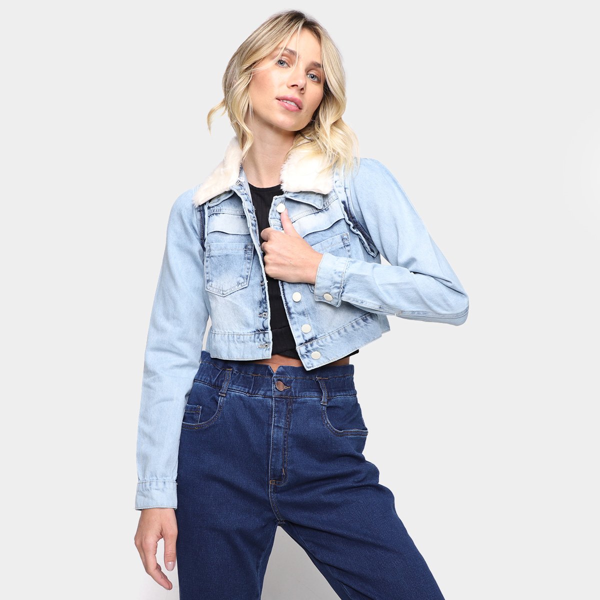 Jaqueta Jeans Naraka Cropped Pelinho Feminina - Azul Claro Menor preço em Jaqueta Jeans Naraka Cropped Pelinho Feminina - Azul Claro