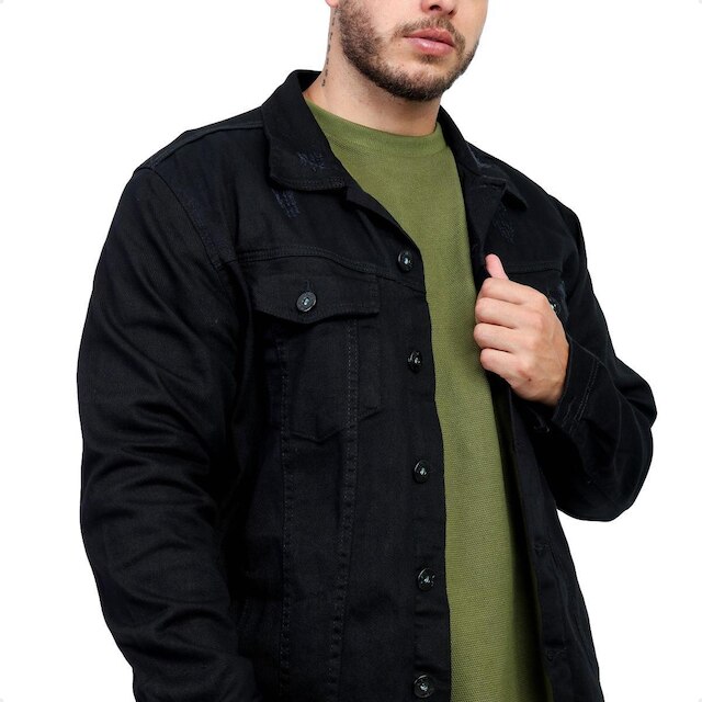 Jaqueta Jeans Preta Destroyed Detalhe Premium Masculina Slim