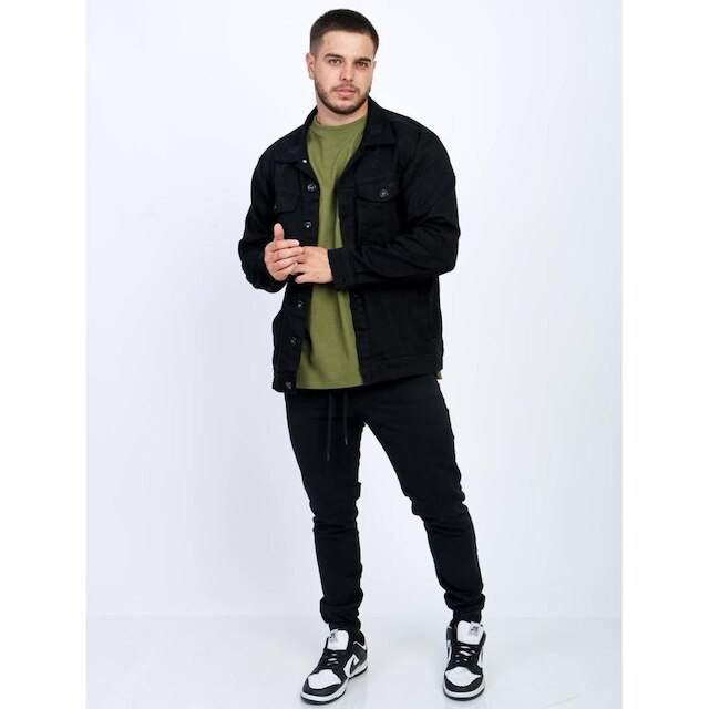 Jaqueta Jeans Preta Destroyed Detalhe Premium Masculina Slim