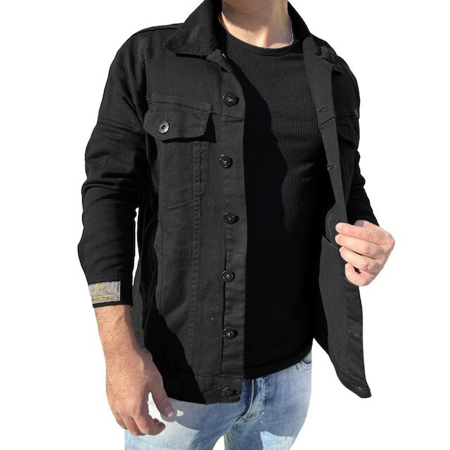 Jaqueta Jeans Preta Destroyed Detalhe Premium Masculina Slim