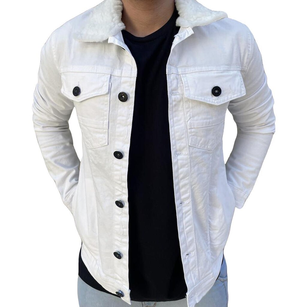 Jaqueta Jeans Slim Branca Com Pelinho Pelo Na Gola Masculina