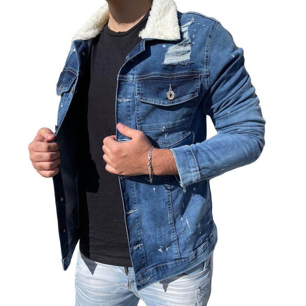 Jaqueta Jeans Slim Destroyed Masculina Com Respingos Pelinho Na Gola
