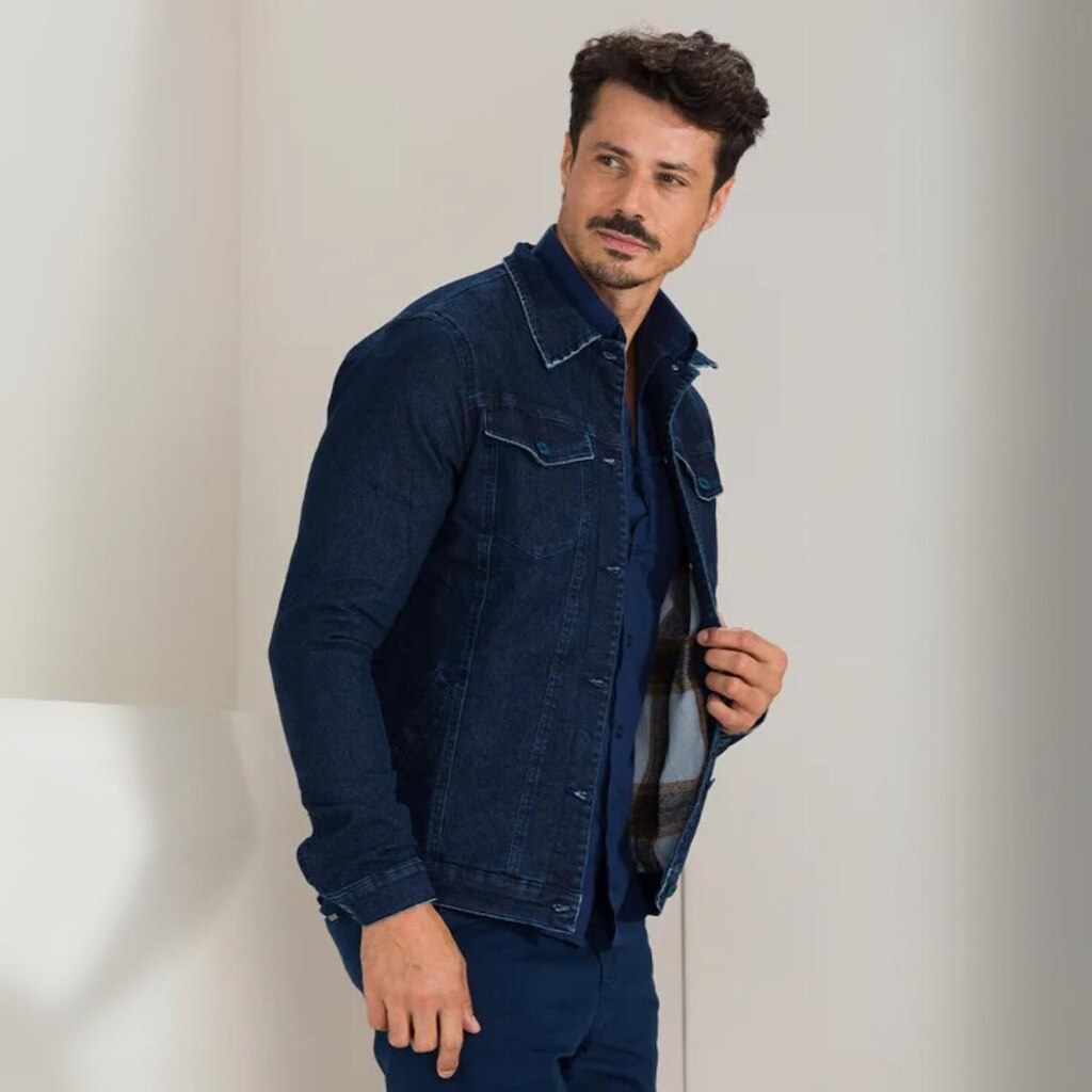 Jaqueta Jeans Trucker Forrada Com Bolso Masculina