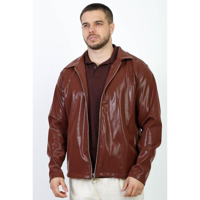 Jaqueta Marrom Couro Sintético Brilho Glow Ziper Premium