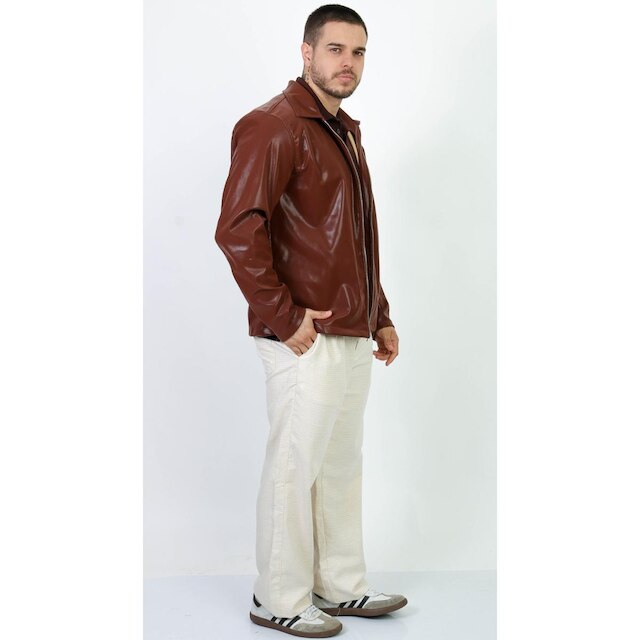 Jaqueta Marrom Couro Sintético Brilho Glow Ziper Premium
