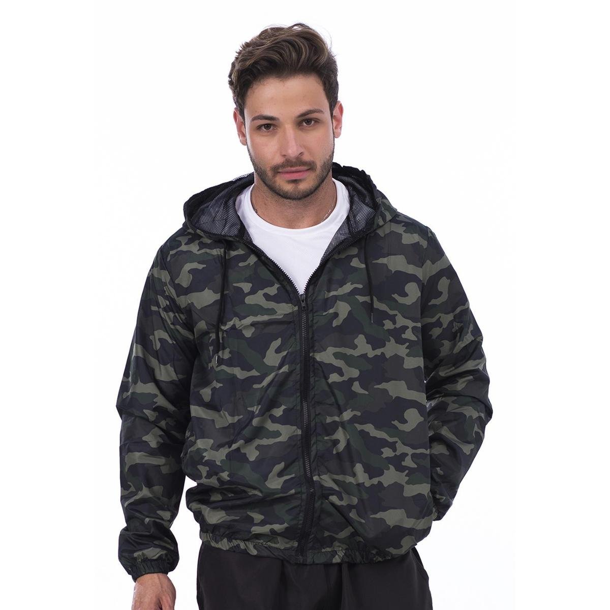 Jaqueta Masculina Corta Vento Camuflada Zíper e Capuz Leve Menor preço em Jaqueta Masculina Corta Vento Camuflada Zíper e Capuz Leve