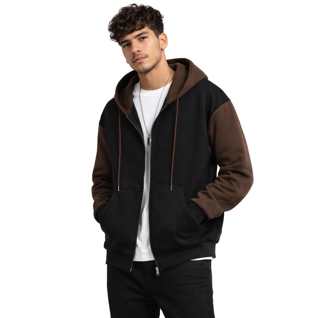 Jaqueta Masculina em Moletom Flanelado com Capuz Regulável e Abertura em Zíper