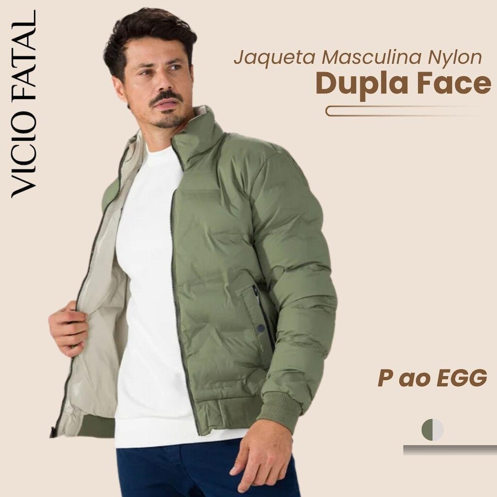 Jaqueta Masculina Nylon Dupla Face sem Capuz Gola Alta Bolso em Ziper