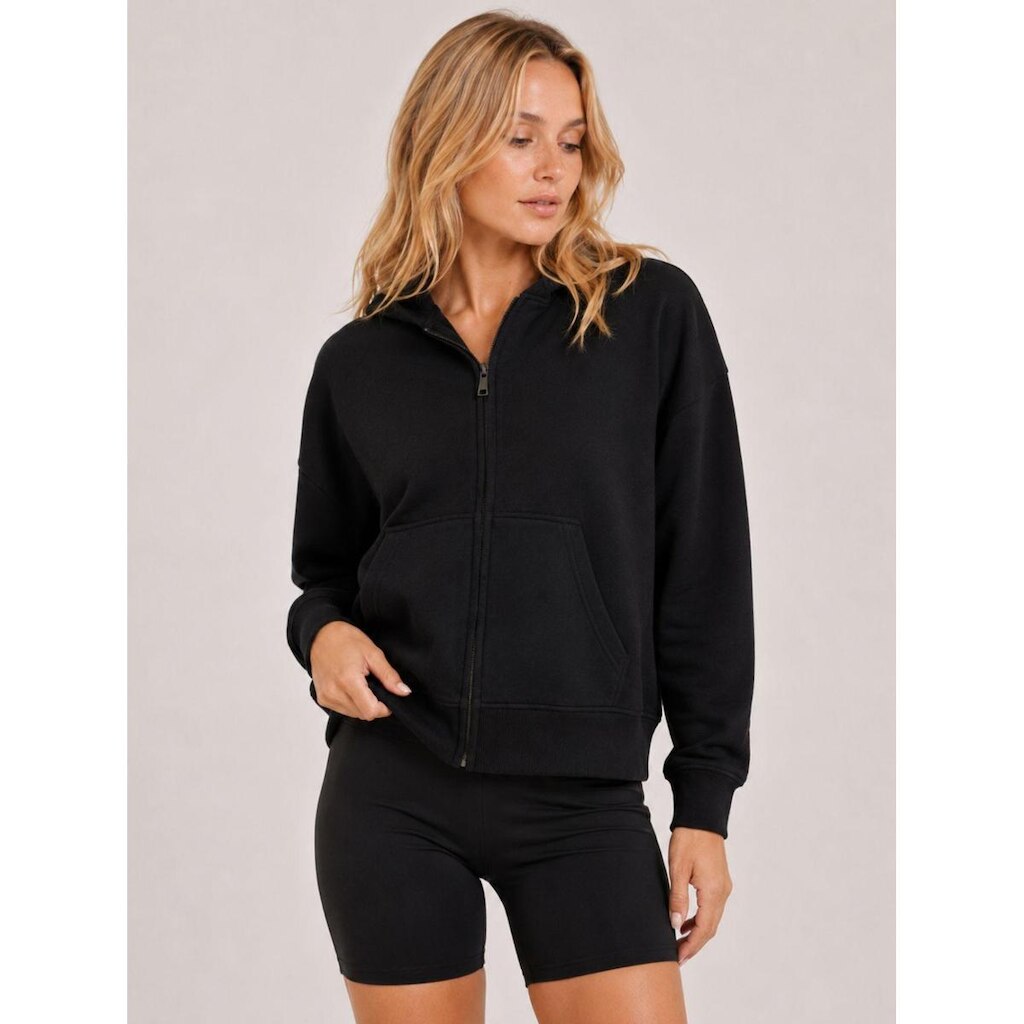 Jaqueta Moletom feminina Cropped Flow Aveloz com zíper e Capuz Preto
