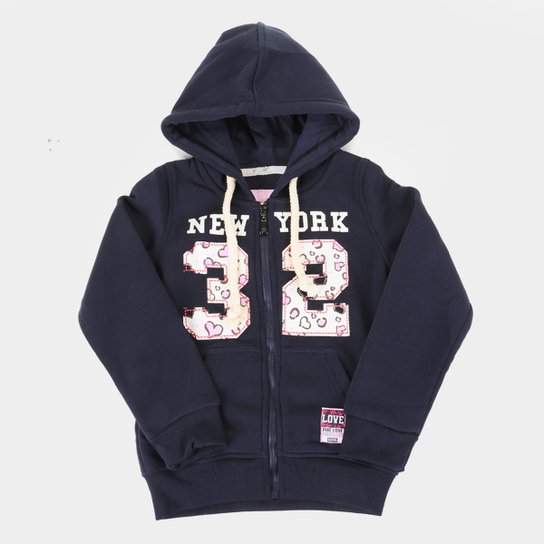Jaqueta Moletom Infantil Pixe Love New York Com Capuz Feminina - Marinho