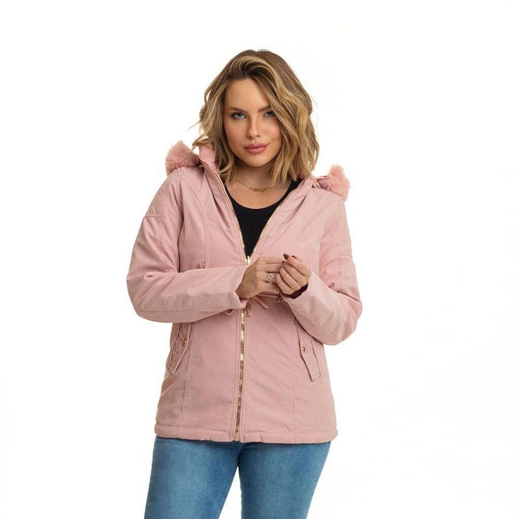 Jaqueta Nylon  Dupla Face Feminina Com Capuz e Pelinho Rosa Emporio Alex