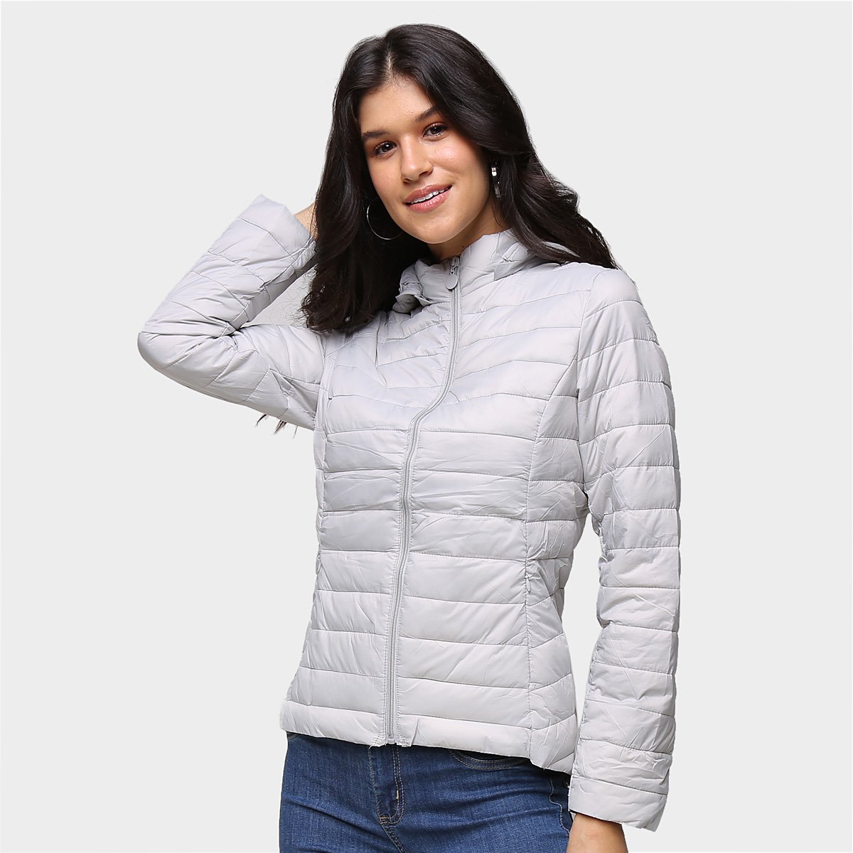Jaqueta Nylon Puff SeV Com Capuz Feminina - Cinza Menor preço em Jaqueta Nylon Puff SeV Com Capuz Feminina - Cinza