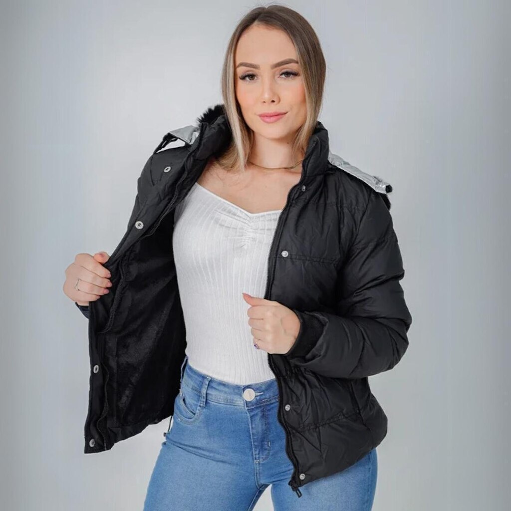 Jaqueta Nylon Puffer Forrada Impermeável Capuz Com Pelinho Feminina