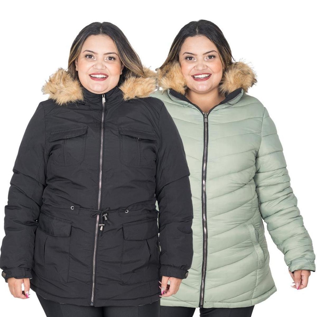 Jaqueta Parka Feminina Dupla Face Nylon Plus Size Com Capuz - Verde ...