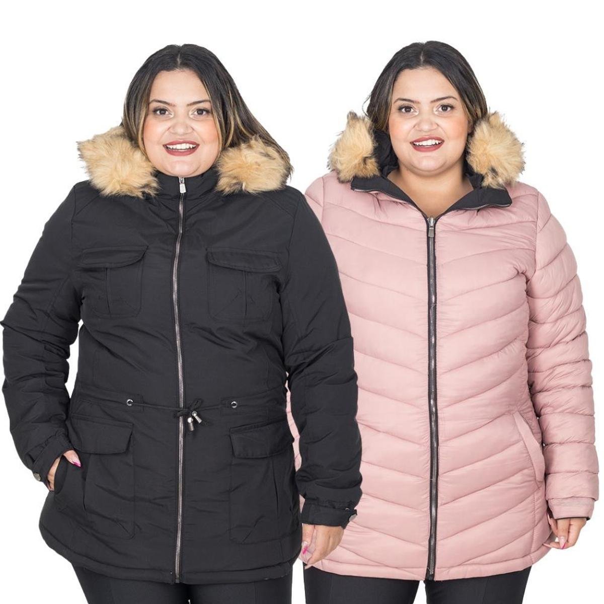 Jaqueta Parka Feminina Dupla Face Nylon Plus Size Com Capuz - Verde ...