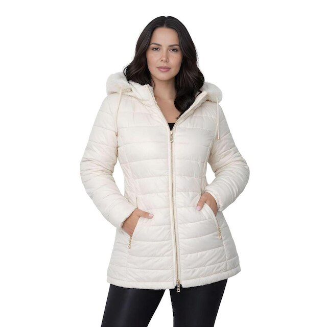 Jaqueta ParKa Feminina Dupla Face Nylon/Peluciada Off-White