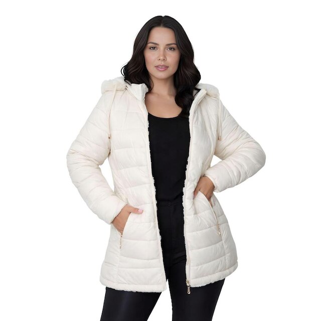 Jaqueta ParKa Feminina Dupla Face Nylon/Peluciada Off-White
