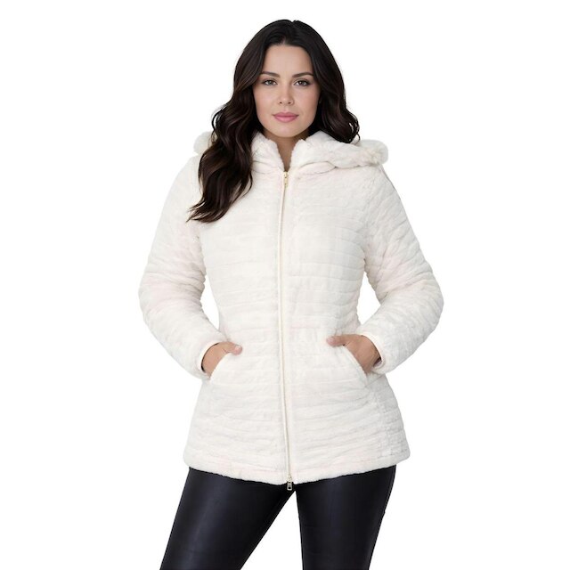 Jaqueta ParKa Feminina Dupla Face Nylon/Peluciada Off-White