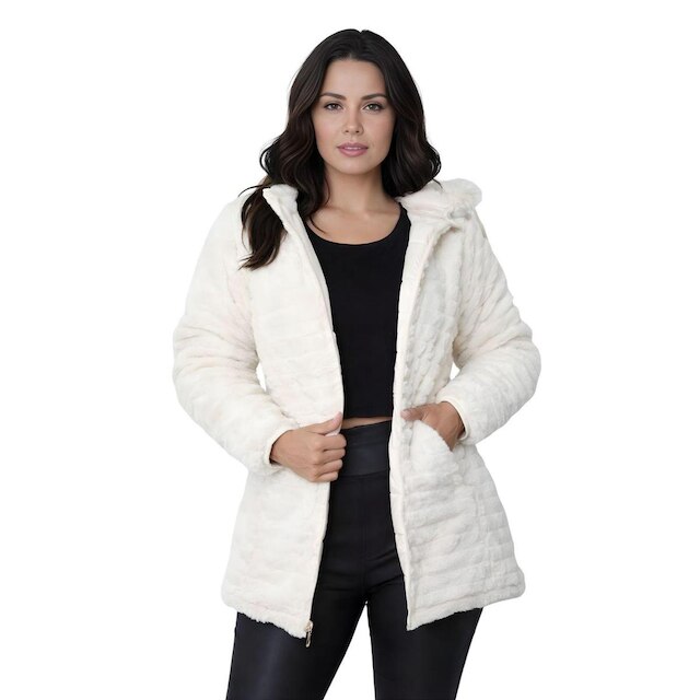 Jaqueta ParKa Feminina Dupla Face Nylon/Peluciada Off-White