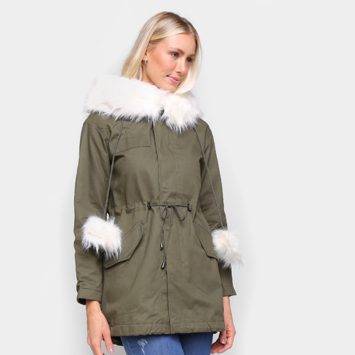Jaqueta Parka Nylon SeV Com Capuz Pelo Feminina - Verde+Branco Menor preço em Jaqueta Parka Nylon SeV Com Capuz Pelo Feminina - Verde+Branco