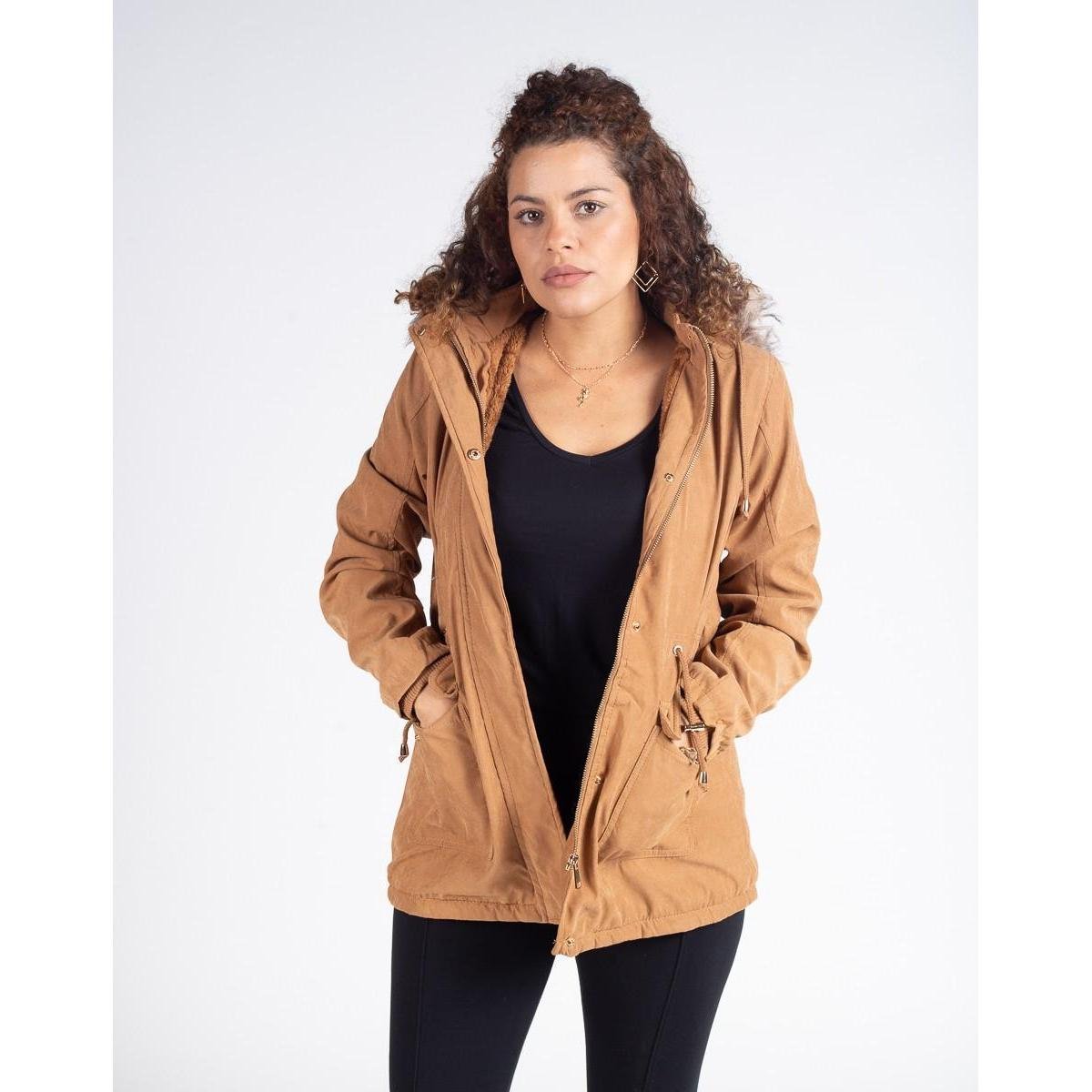 Jaqueta Parka Sarja Feminina Capuz Removível - Caramelo Menor preço em Jaqueta Parka Sarja Feminina Capuz Removível - Caramelo