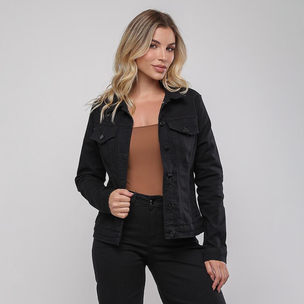 Jaqueta Preta Feminina Casaco Moda Jeans Tendência Estação