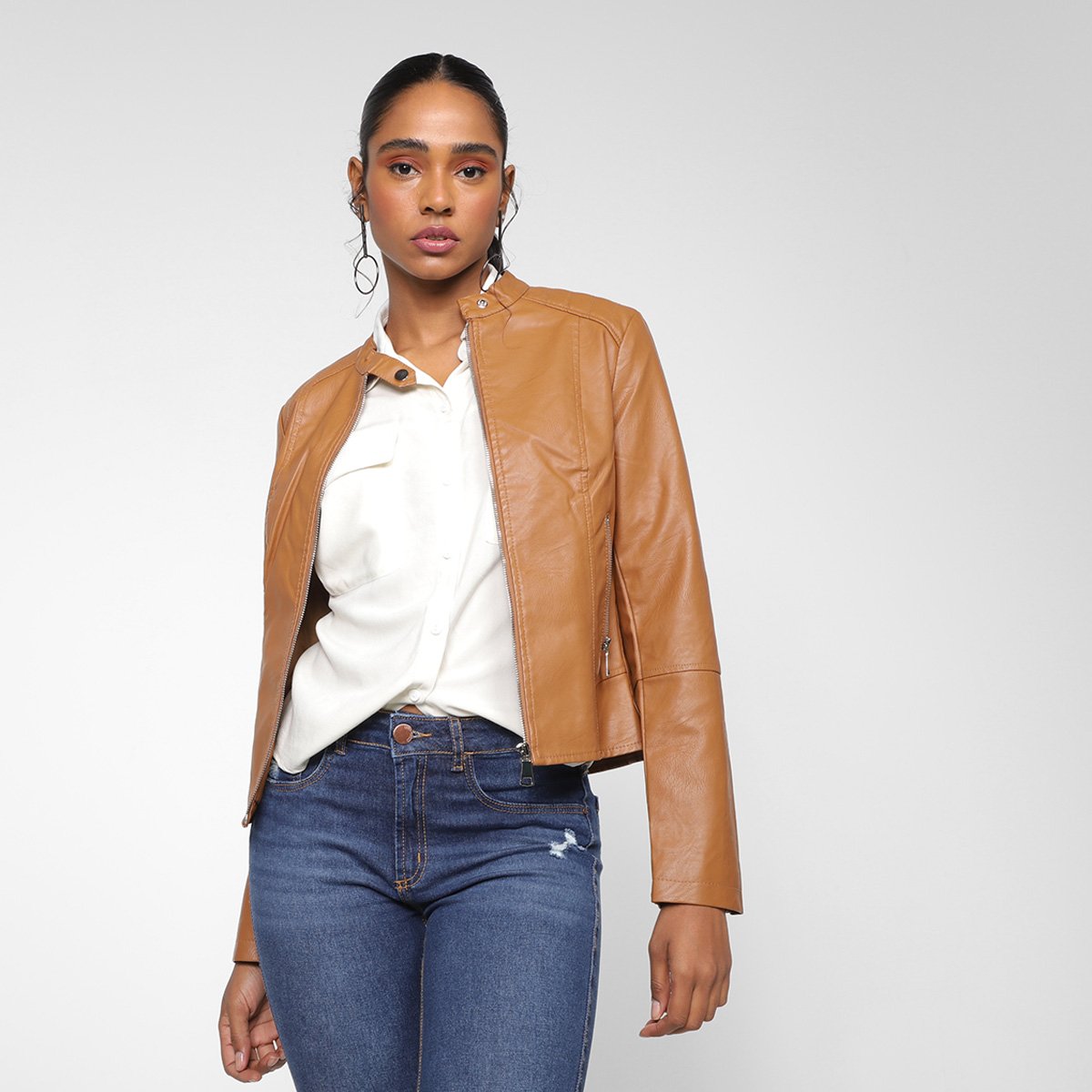 Jaqueta PU Facinelli Feminina - Areia Menor preço em Jaqueta PU Facinelli Feminina - Areia