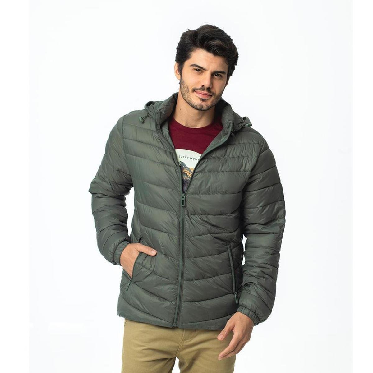 Jaqueta Puffer Acolchoada Masculina Com Capuz Removível Verde Escuro Emporio Alex Menor preço em Jaqueta Puffer Acolchoada Masculina Com Capuz Removível Verde Escuro Emporio Alex