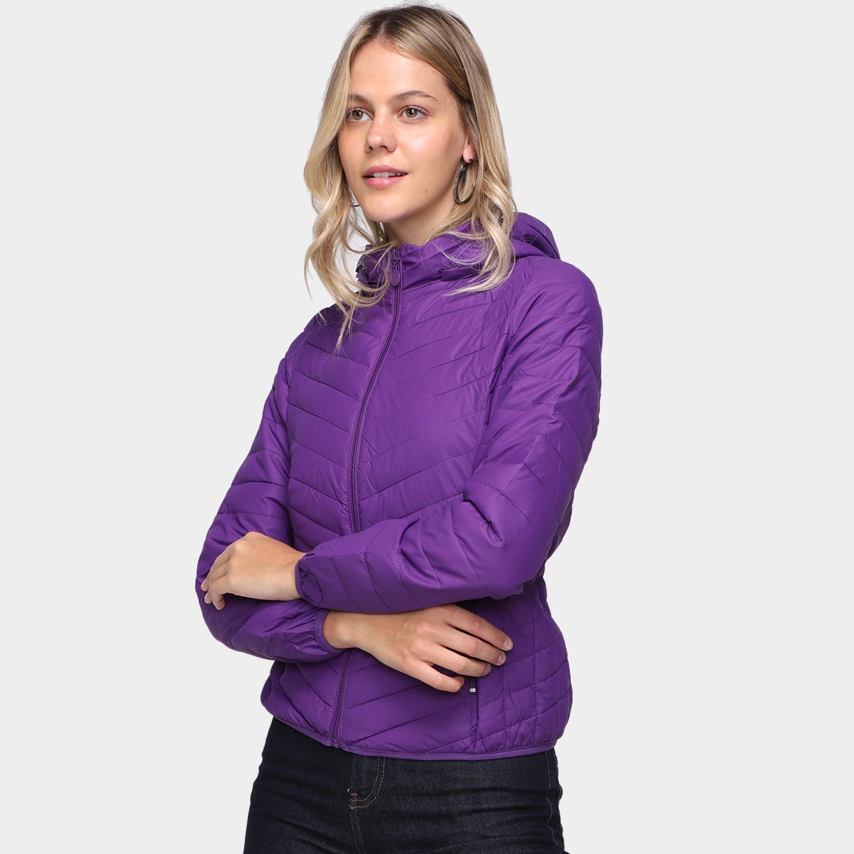 Jaqueta Puffer Boot Jeans C/ Capuz Feminina - Roxo Menor preço em Jaqueta Puffer Boot Jeans C/ Capuz Feminina - Roxo
