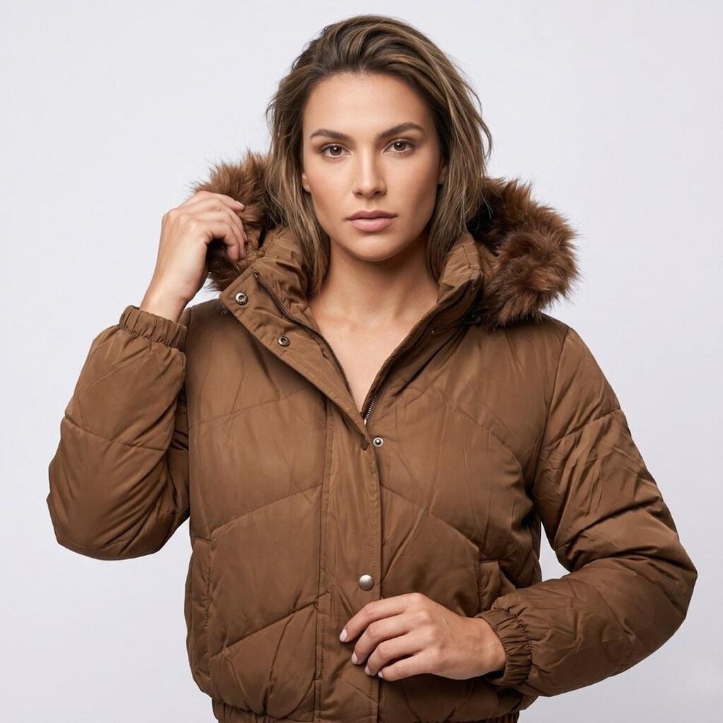 Jaqueta Puffer Feminina Com Capuz Peluciado