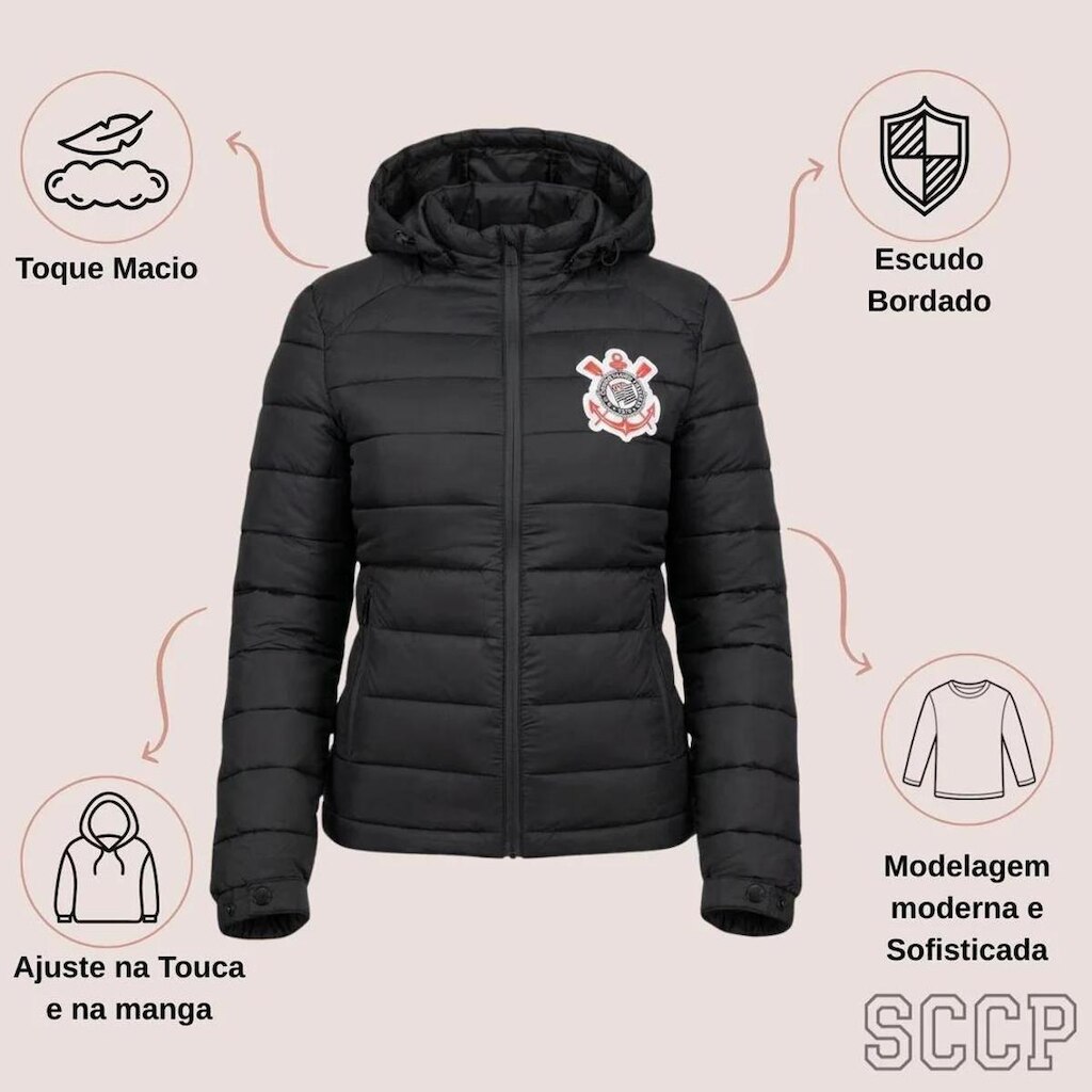 Jaqueta Puffer Feminina Corinthians Com Capuz Preto