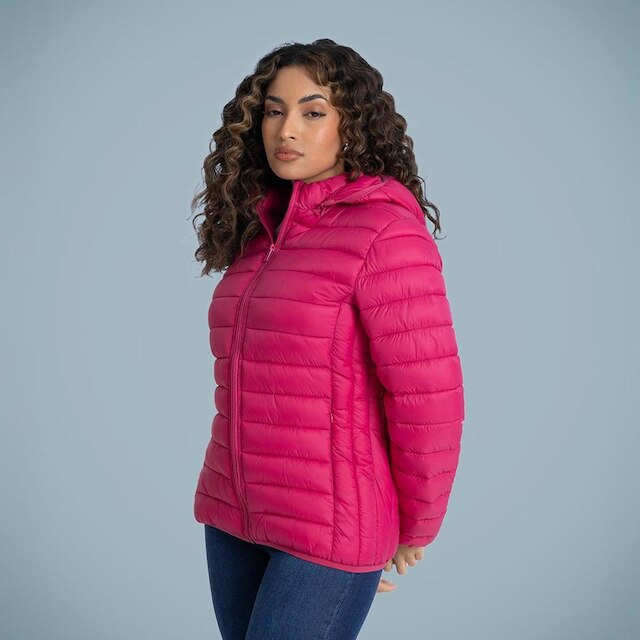 Jaqueta Puffer Feminina Gola Alta Rosa Com Capuz Removível