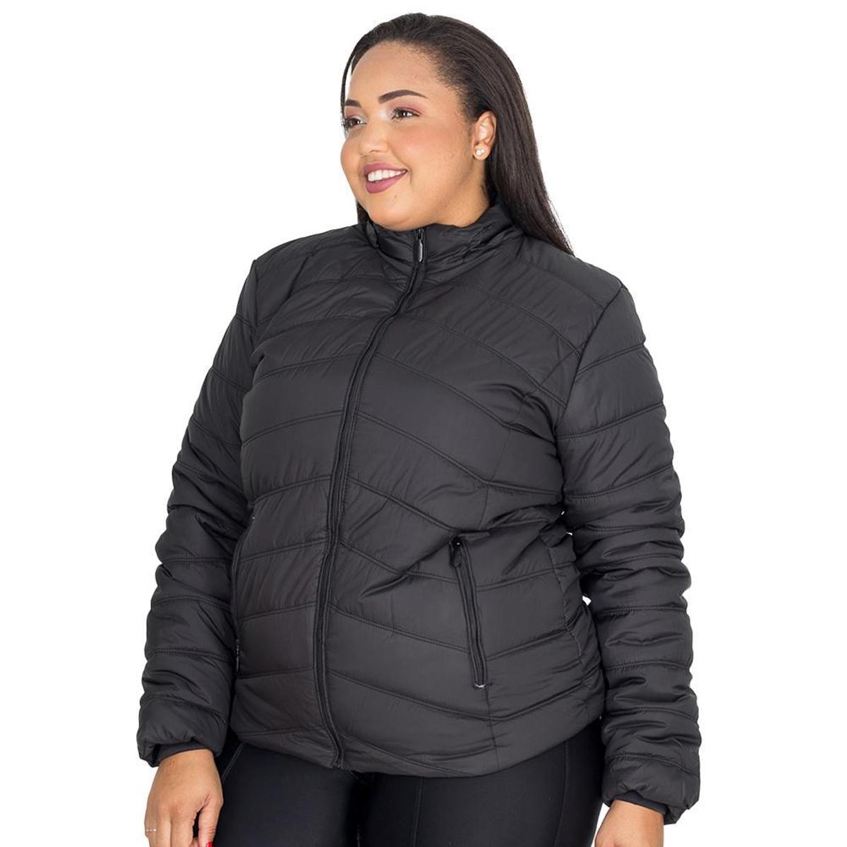 Jaqueta Puffer Feminina Plus Size Peluciada Capuz Nylon Lisa - Preto ...