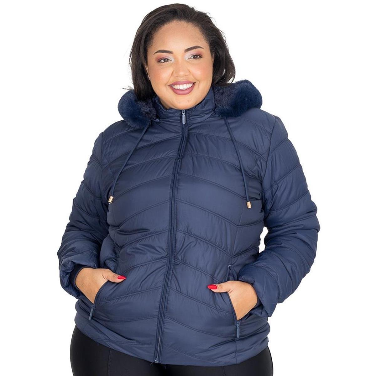 Jaqueta Puffer Feminina Plus Size Peluciada Capuz Nylon Lisa - Preto ...