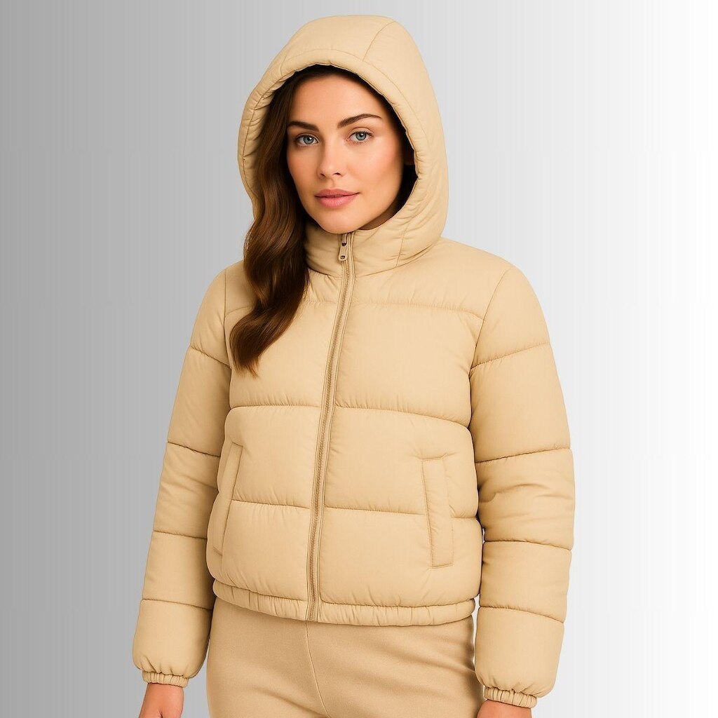 Jaqueta Puffer Feminina Preta com Capuz Quente e Confortável Cereja Rosa