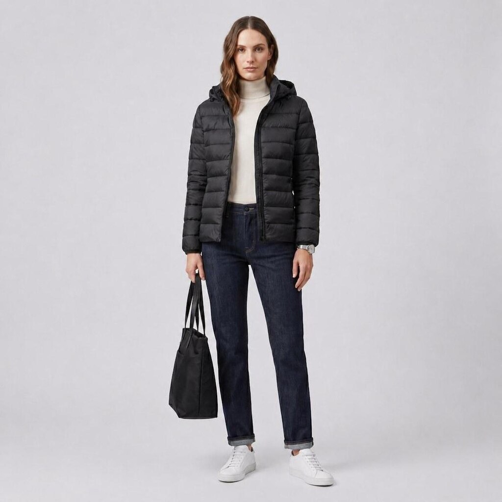 Jaqueta Puffer Feminina Preta Com Capuz