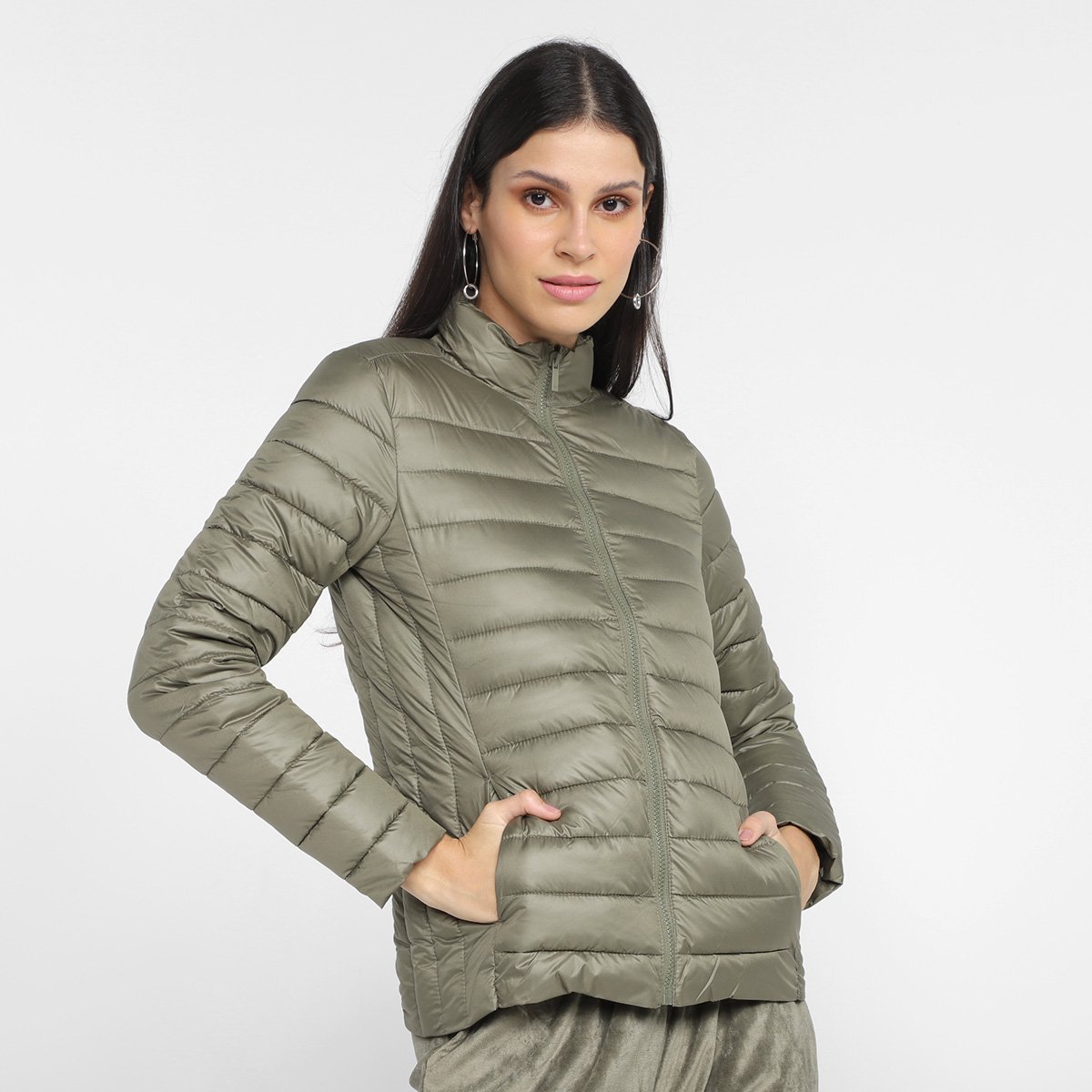 Jaqueta Puffer Hering Feminina - Verde Militar Menor preço em Jaqueta Puffer Hering Feminina - Verde Militar