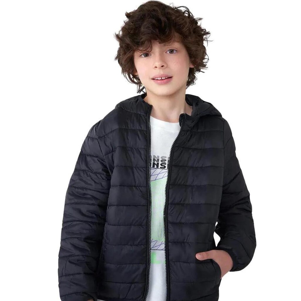 Jaqueta Puffer Hering Kids Com Capuz Preto