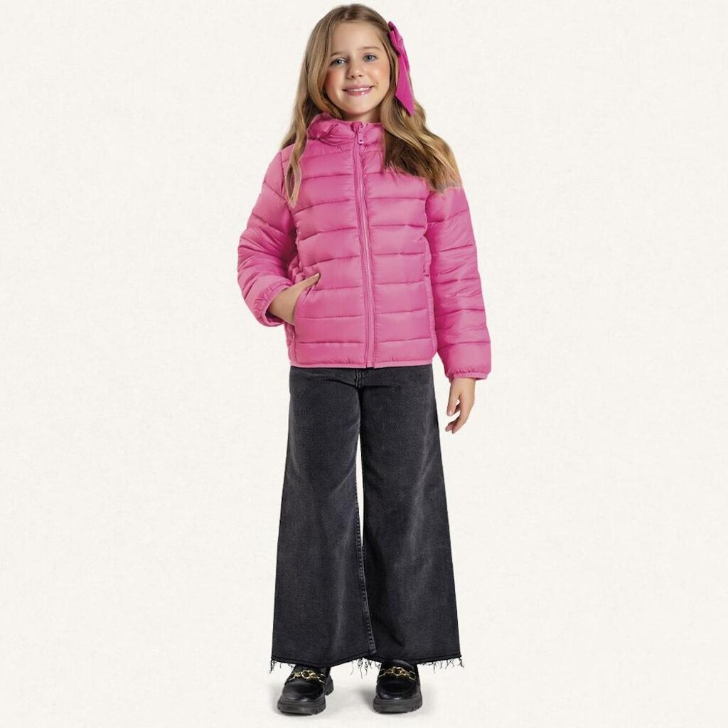 Jaqueta Puffer Infantil Menina Com Capuz Rosa forte - Fakini