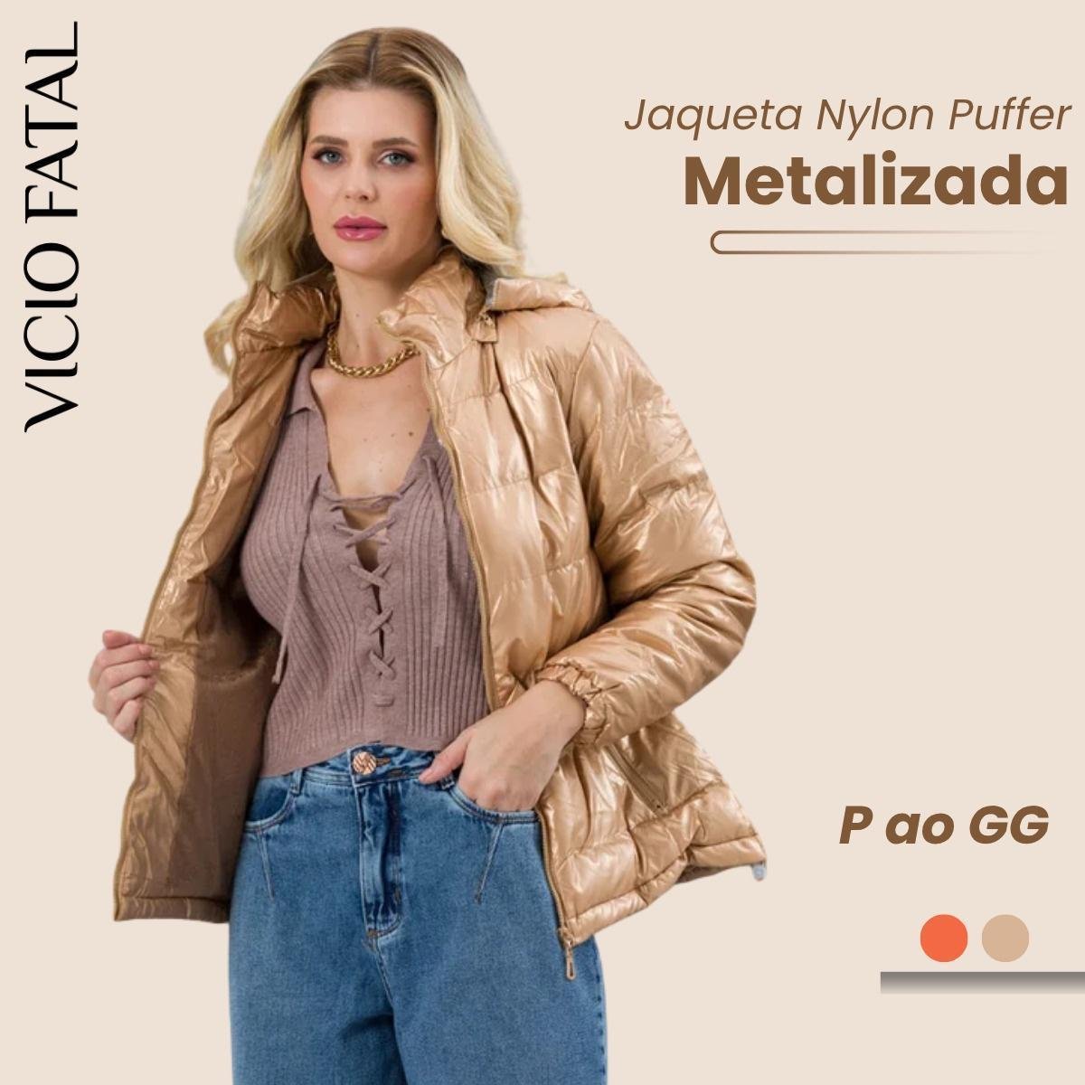 Jaqueta Puffer Metalizada Nylon Impermeável Bobojaco Feminina