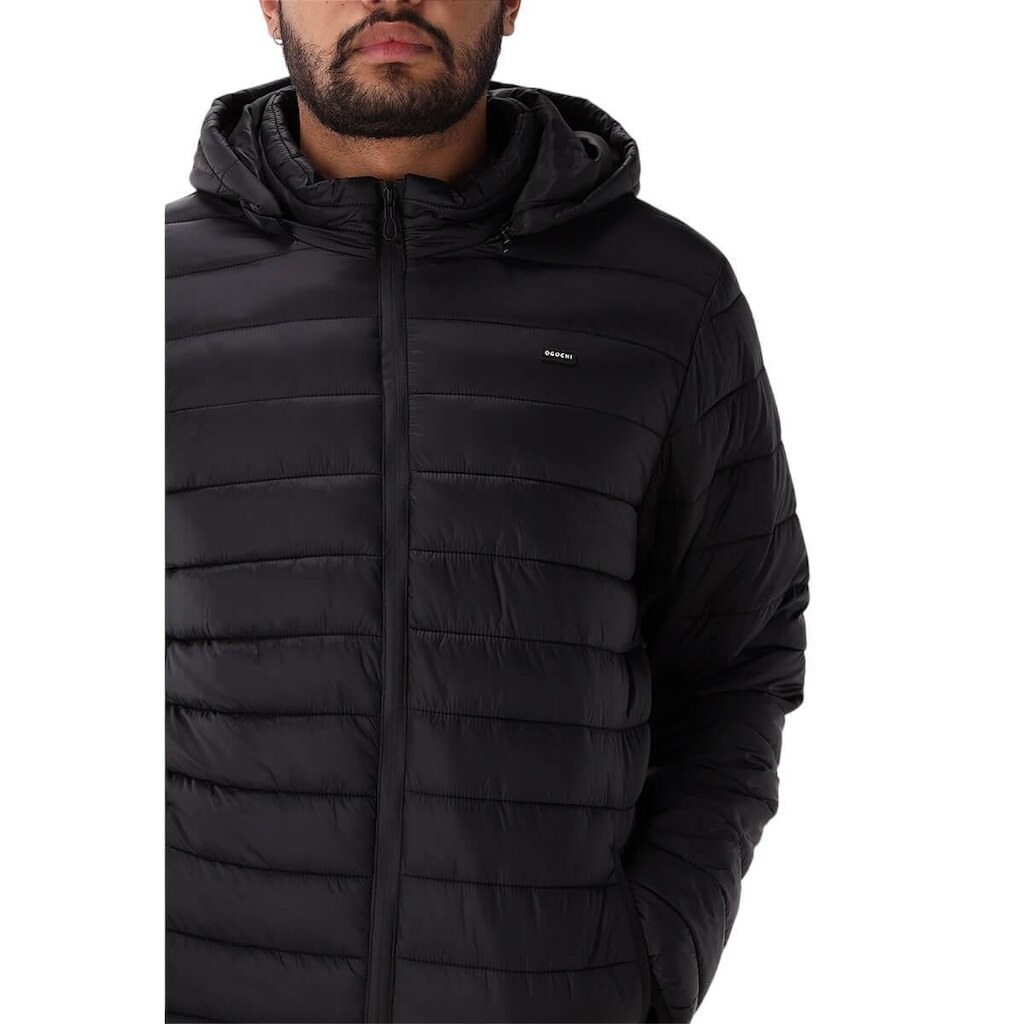 Jaqueta Puffer Microfibra Masculina Slim Ogochi com Capuz Preta